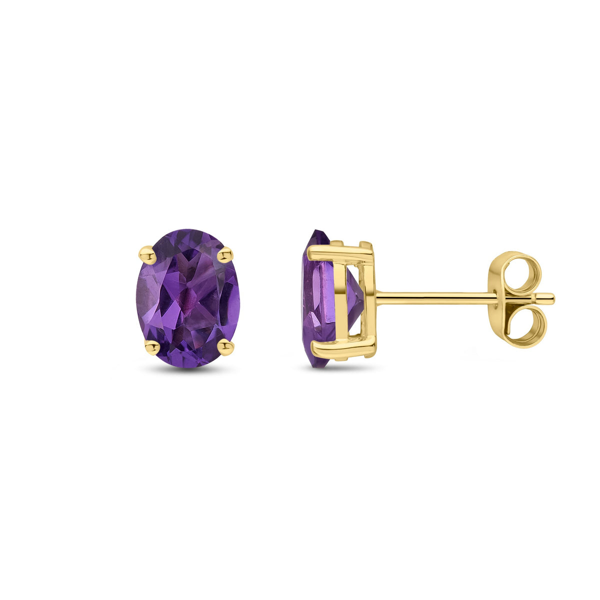 9ct Yellow Gold Oval Natural Amethyst Claw Stud Earrings — 8x6mm