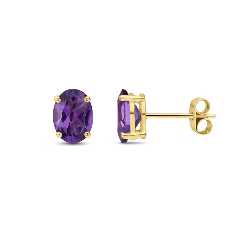 9ct Yellow Gold Oval Natural Amethyst Claw Stud Earrings — 8x6mm