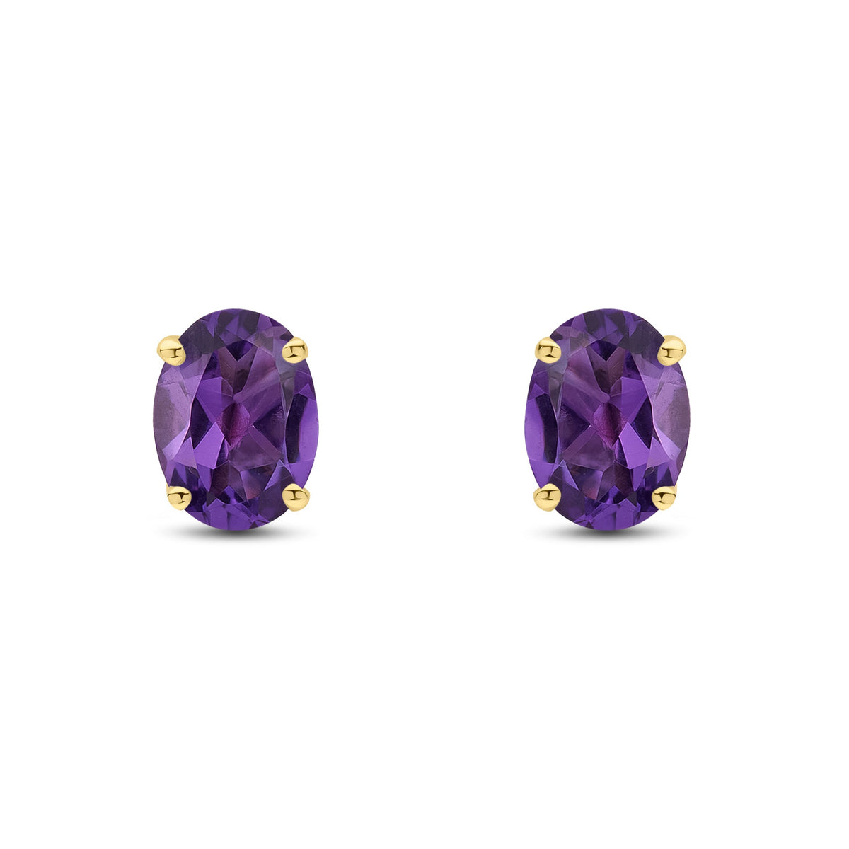 9ct Yellow Gold Oval Natural Amethyst Claw Stud Earrings — 8x6mm