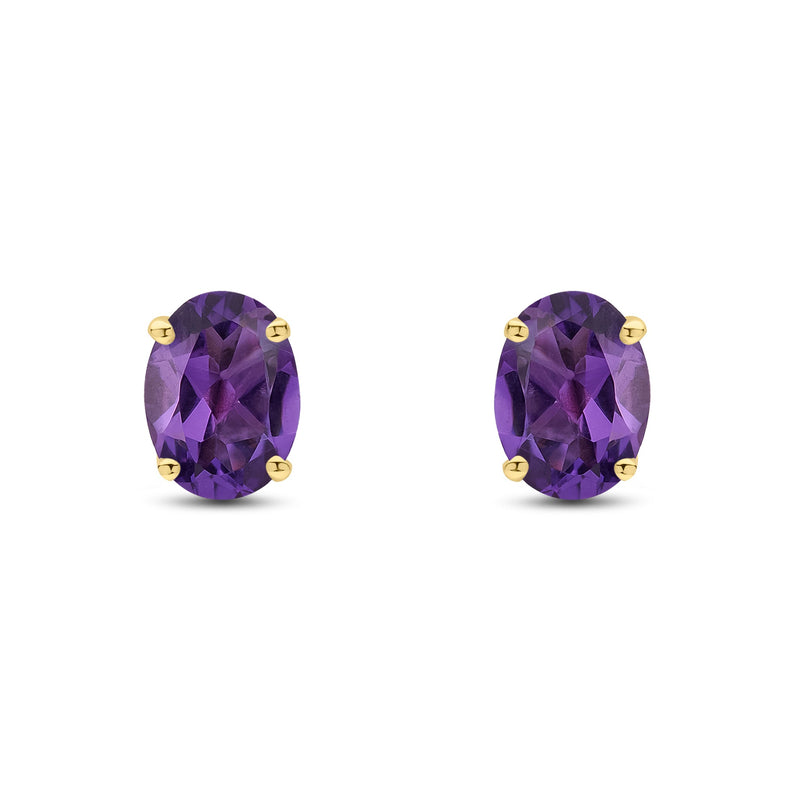 9ct Yellow Gold Oval Natural Amethyst Claw Stud Earrings — 8x6mm