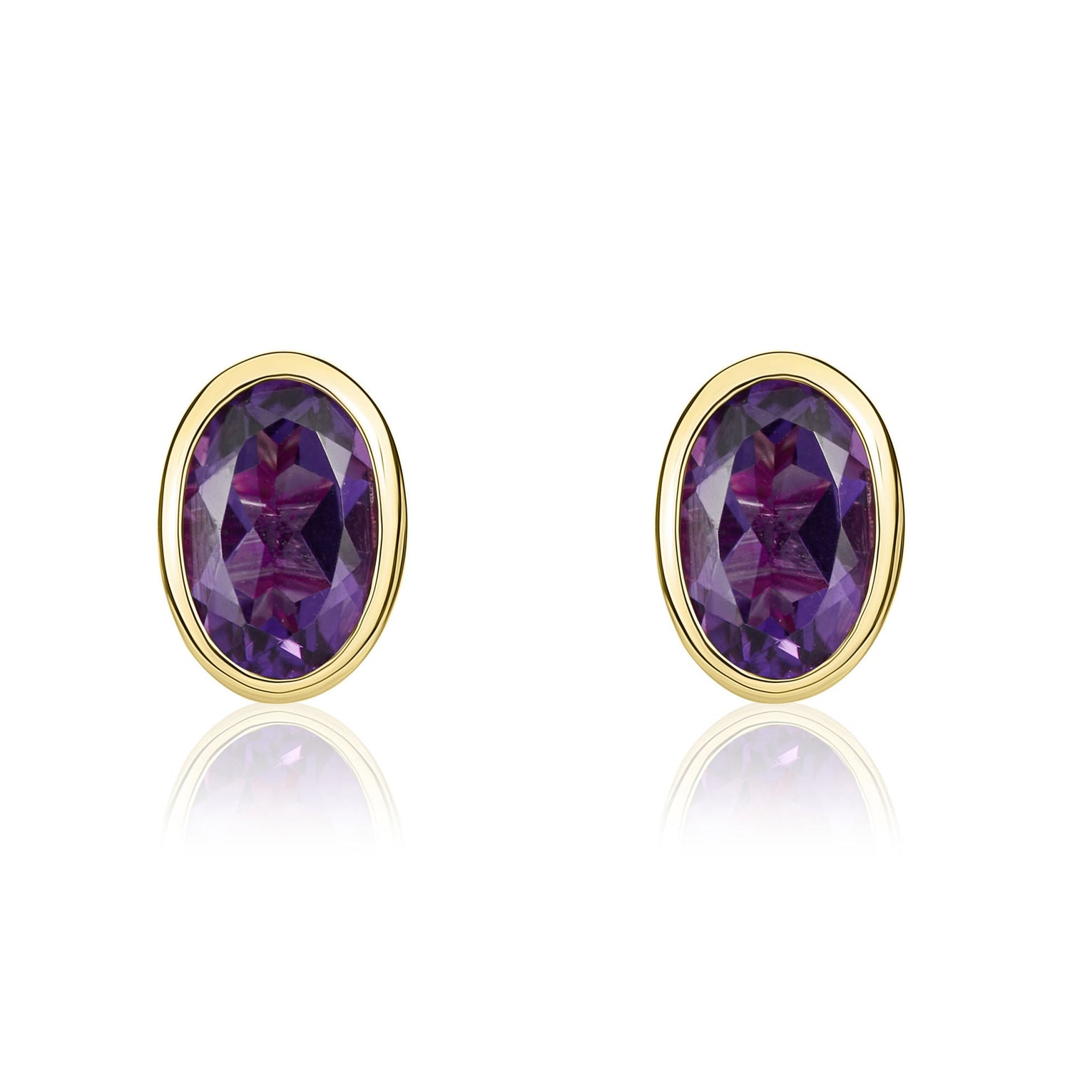 9ct Yellow Gold Oval Natural Amethyst Rubover Stud Earrings — 6x4mm