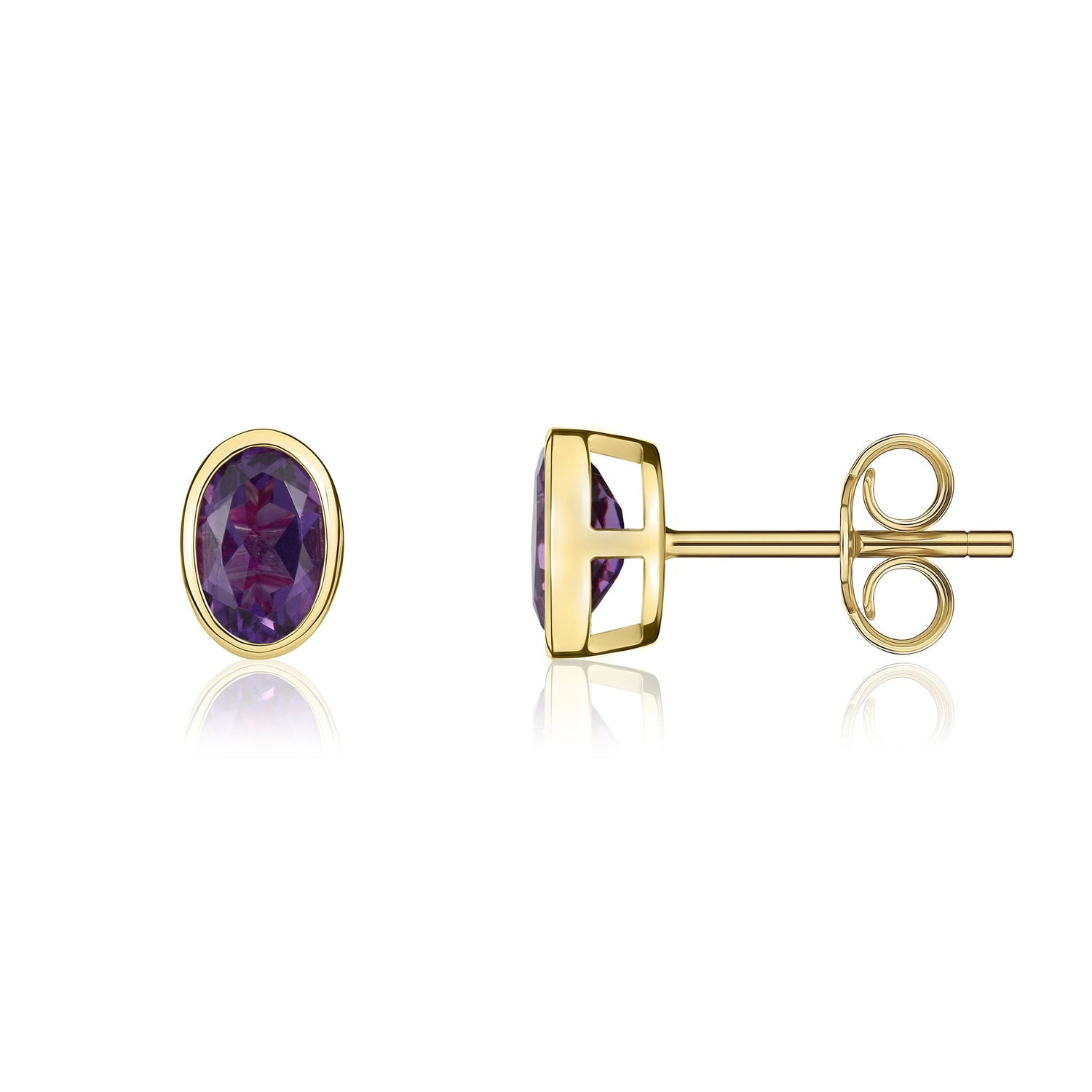 9ct Yellow Gold Oval Natural Amethyst Rubover Stud Earrings — 6x4mm