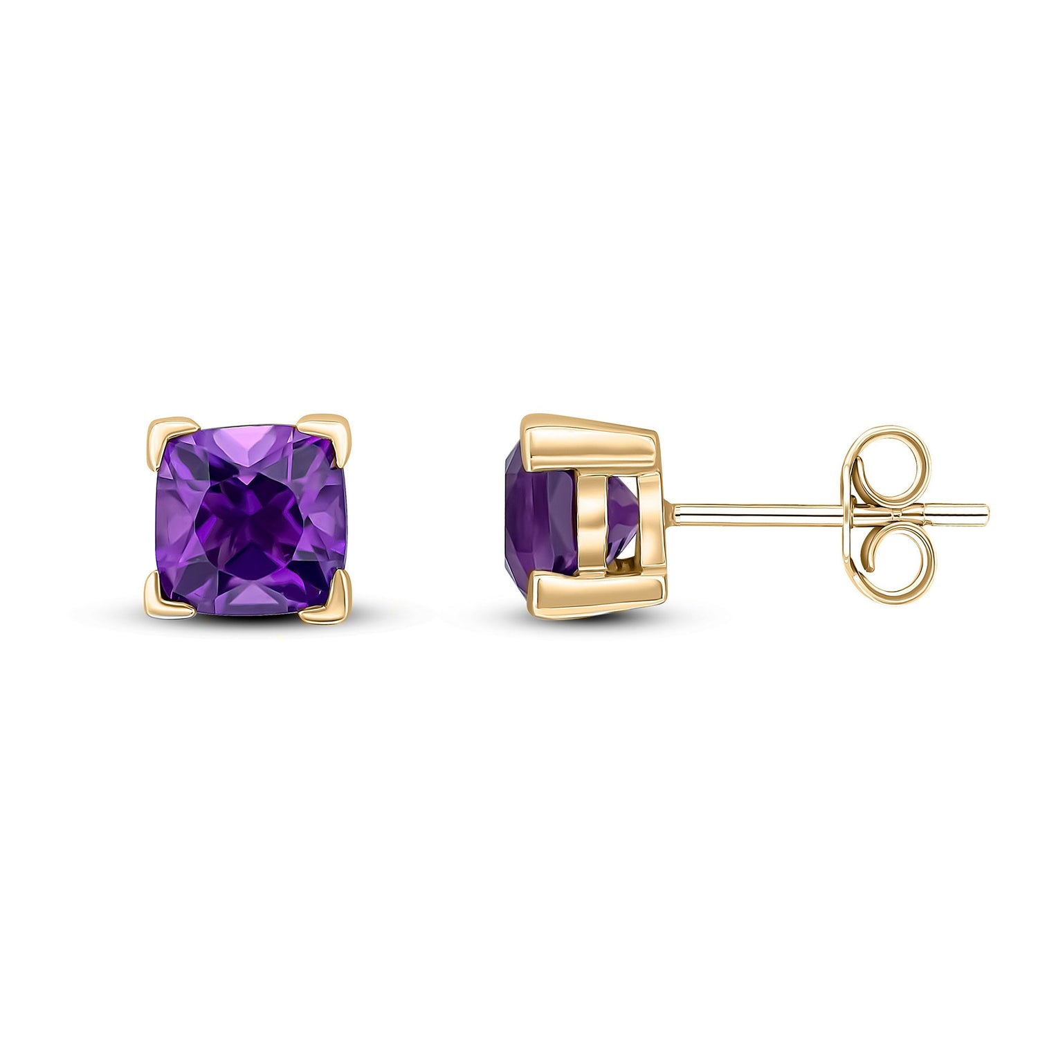 9ct Yellow Gold Cushion Natural Amethyst Claw Stud Earrings — 6mm