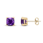 9ct Yellow Gold Cushion Natural Amethyst Claw Stud Earrings — 6mm