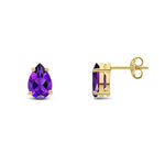 9ct Yellow Gold Pear Shaped Natural Amethyst Claw Stud Earrings — 9x6mm