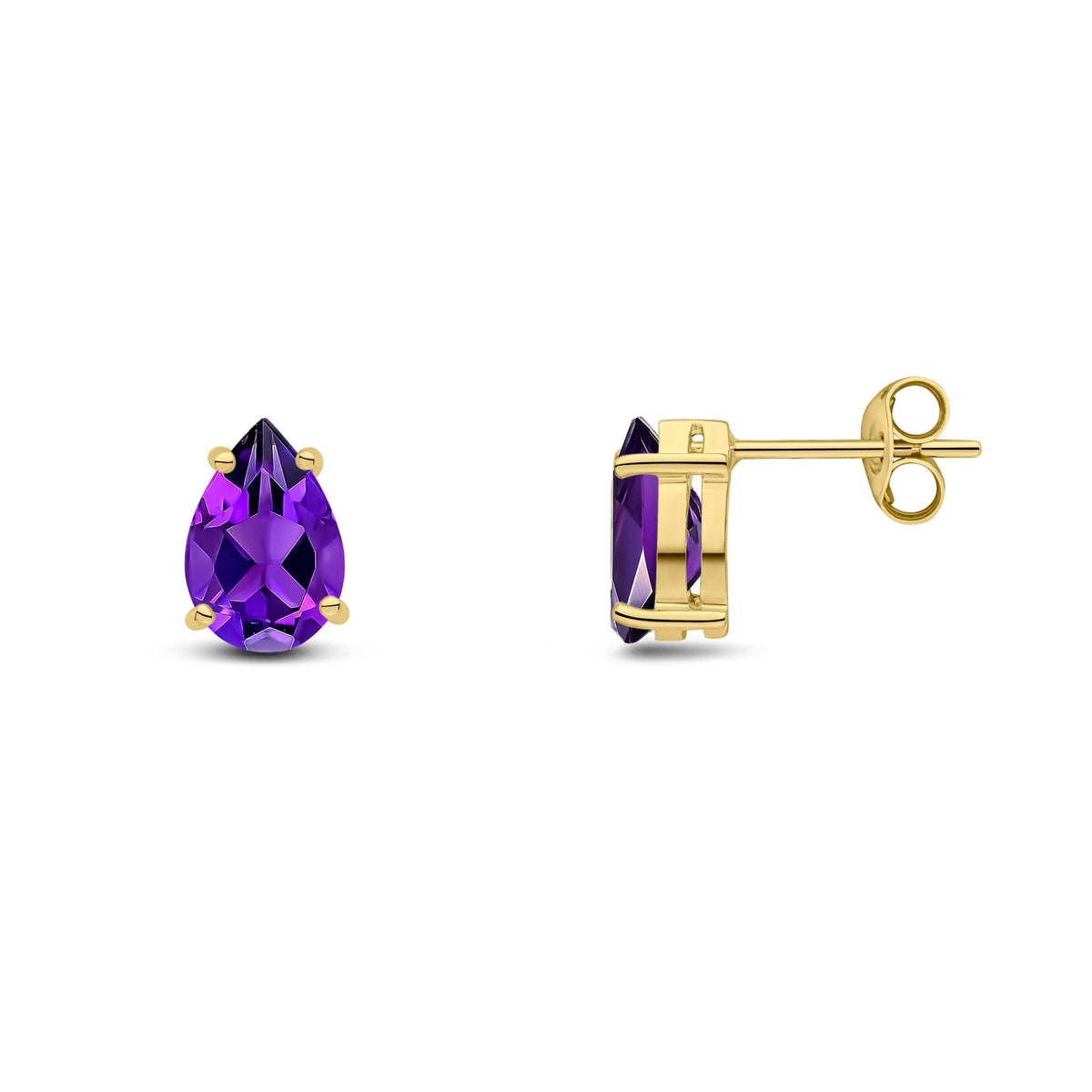 9ct Yellow Gold Pear Shaped Natural Amethyst Claw Stud Earrings — 9x6mm