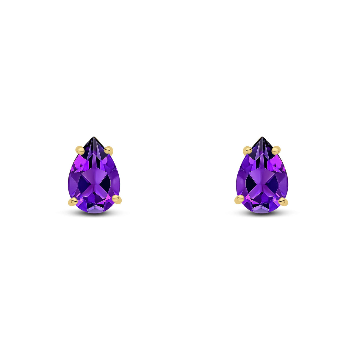9ct Yellow Gold Pear Shaped Natural Amethyst Claw Stud Earrings — 9x6mm