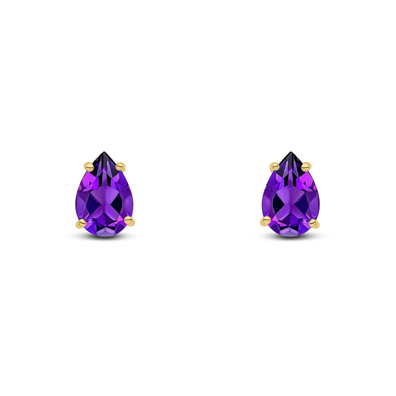 9ct Yellow Gold Pear Shaped Natural Amethyst Claw Stud Earrings — 9x6mm
