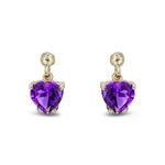 9ct Yellow Gold Heart Shaped Natural Amethyst Claw Drop Earrings with Bead Top — 6mm