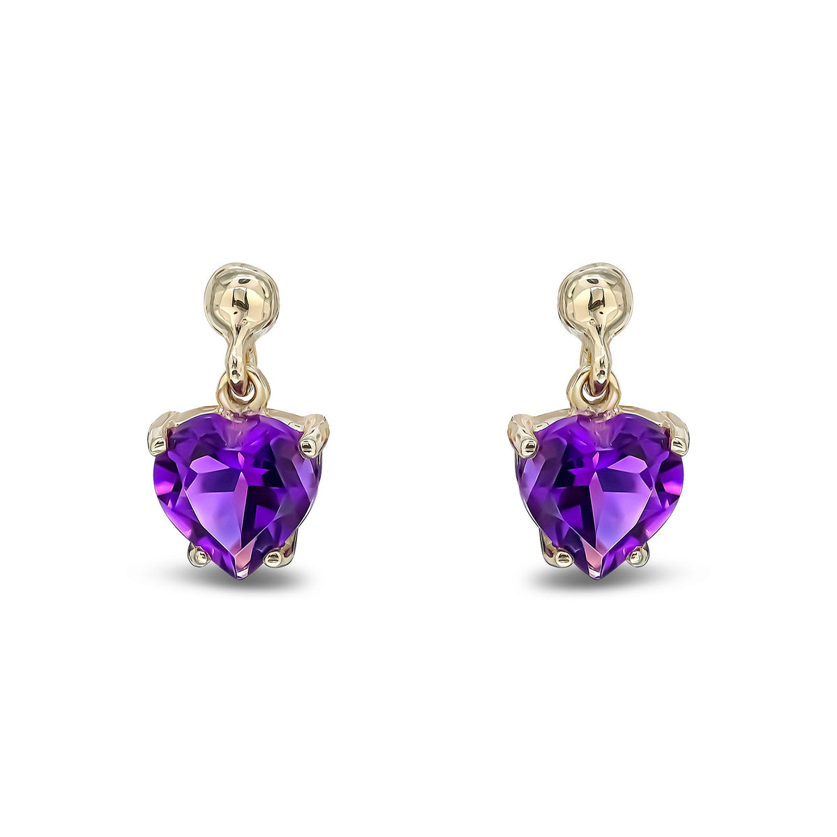 9ct Yellow Gold Heart Shaped Natural Amethyst Claw Drop Earrings with Bead Top — 6mm