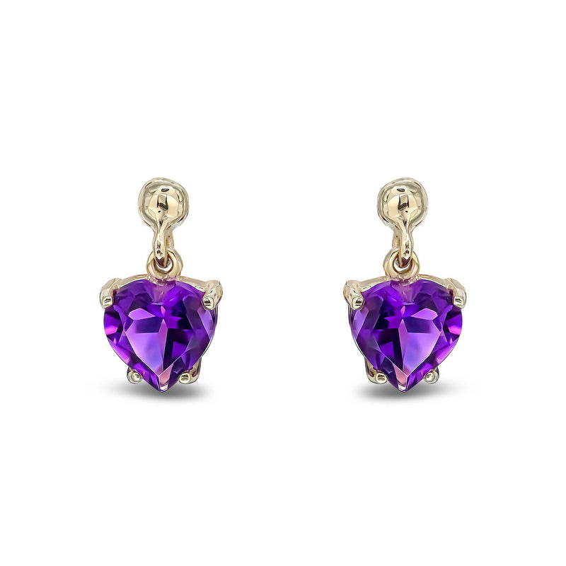 9ct Yellow Gold Heart Shaped Natural Amethyst Claw Drop Earrings with Bead Top — 6mm