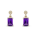 9ct Yellow Gold Octagonal Emerald Cut Natural Amethyst Claw Drop Earrings — 6x4mm