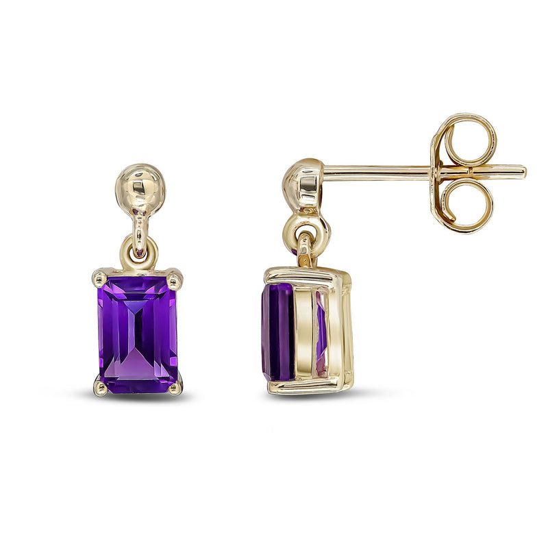 9ct Yellow Gold Octagonal Emerald Cut Natural Amethyst Claw Drop Earrings — 6x4mm