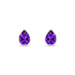 9ct White Gold Pear Shaped Natural Amethyst Rubover Stud Earrings — 7x5mm