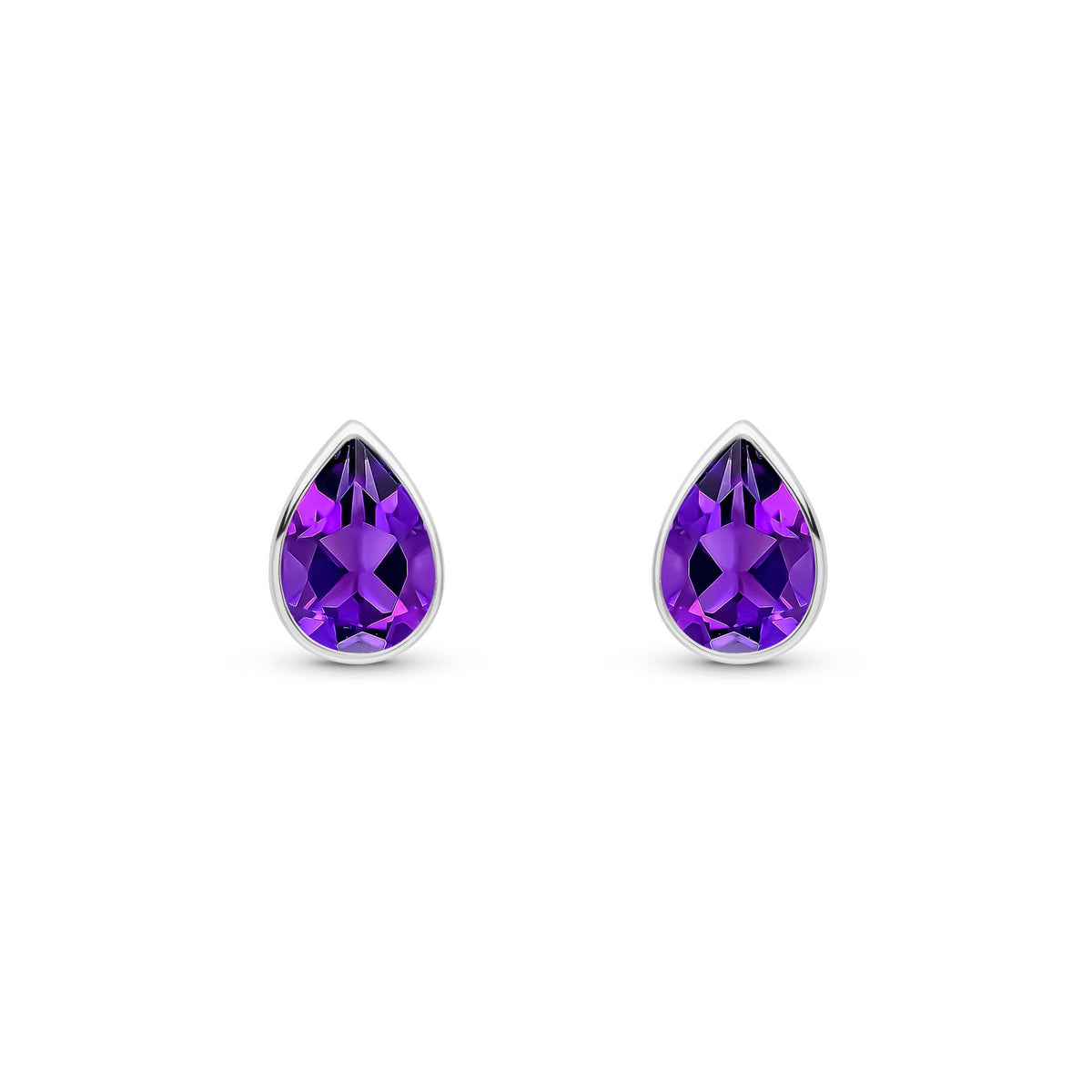 9ct White Gold Pear Shaped Natural Amethyst Rubover Stud Earrings — 7x5mm