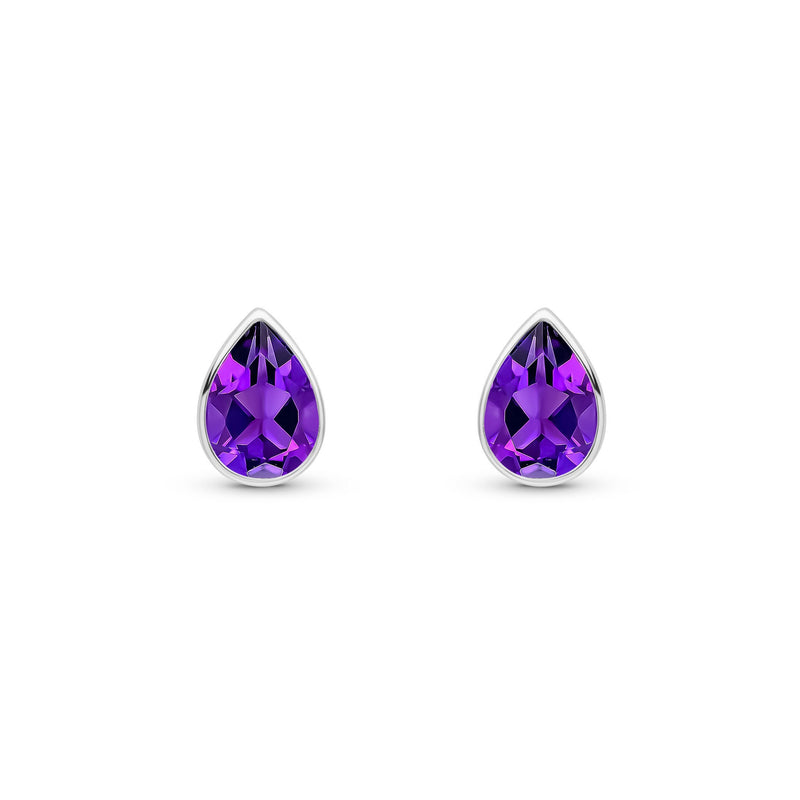 9ct White Gold Pear Shaped Natural Amethyst Rubover Stud Earrings — 7x5mm