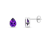 9ct White Gold Pear Shaped Natural Amethyst Rubover Stud Earrings — 7x5mm