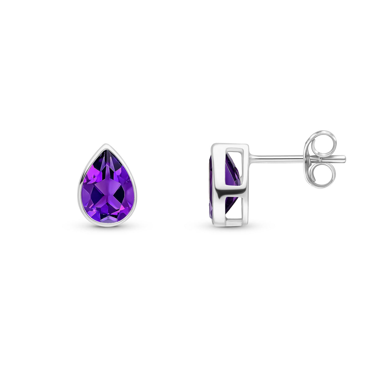 9ct White Gold Pear Shaped Natural Amethyst Rubover Stud Earrings — 7x5mm