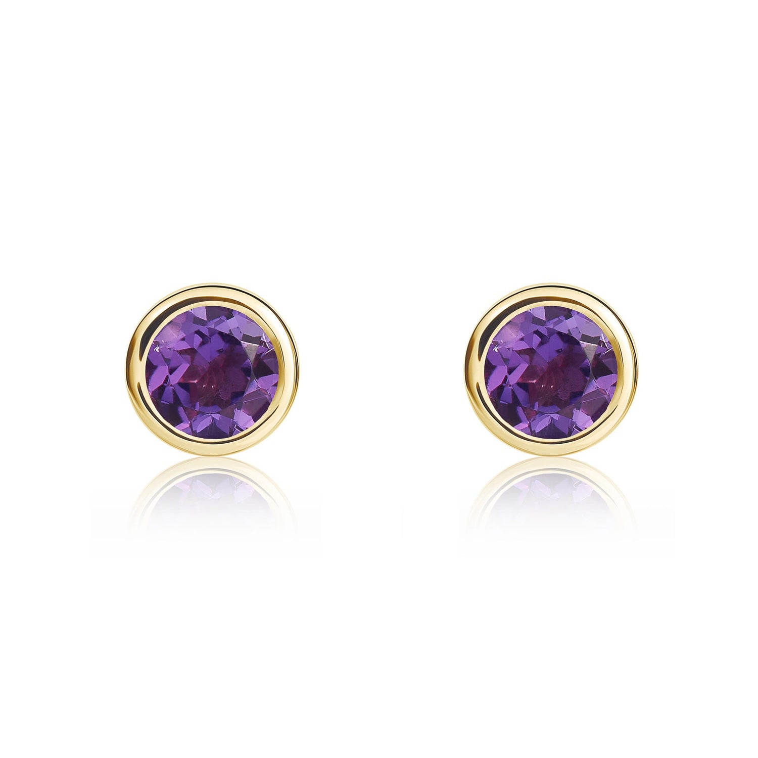 9ct Yellow Gold Round Natural Amethyst Rubover Stud Earrings — 4mm