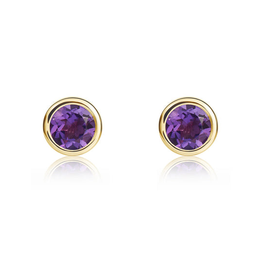 9ct Yellow Gold Round Natural Amethyst Rubover Stud Earrings — 4mm