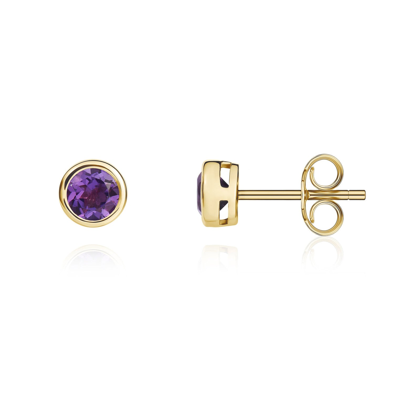 9ct Yellow Gold Round Natural Amethyst Rubover Stud Earrings — 4mm