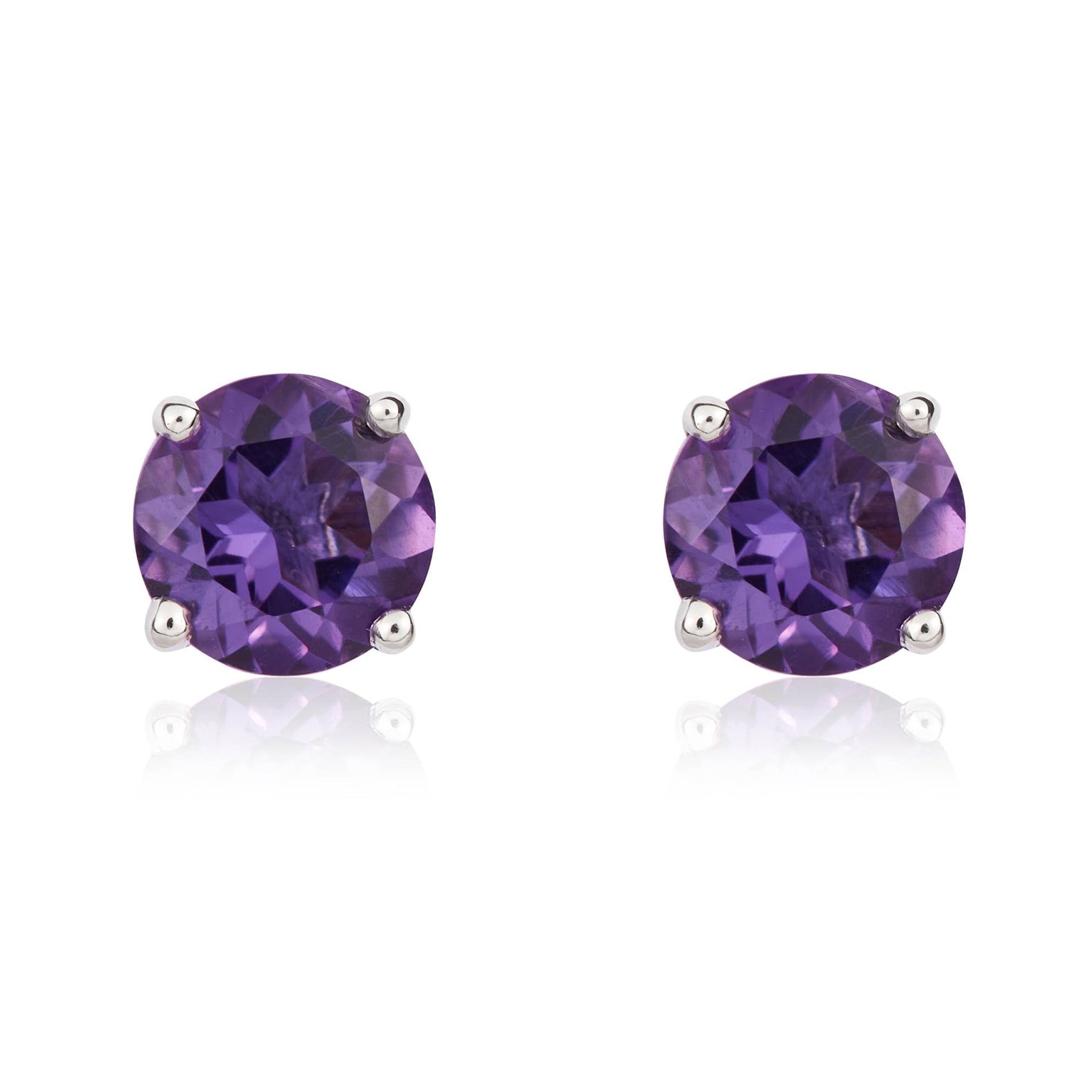 9ct White Gold Round Natural Amethyst Claw Set Stud Earrings — 5mm