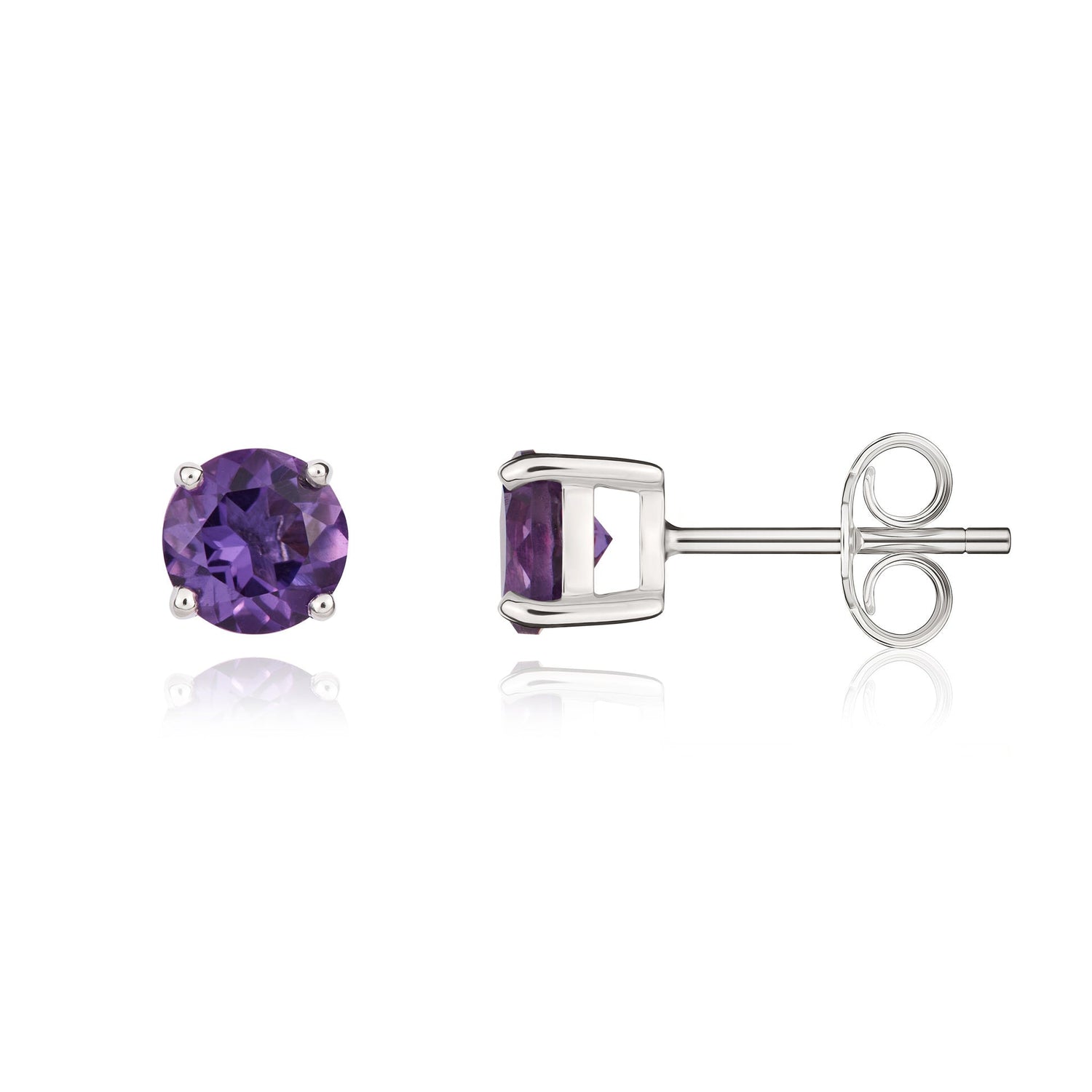 9ct White Gold Round Natural Amethyst Claw Set Stud Earrings — 5mm