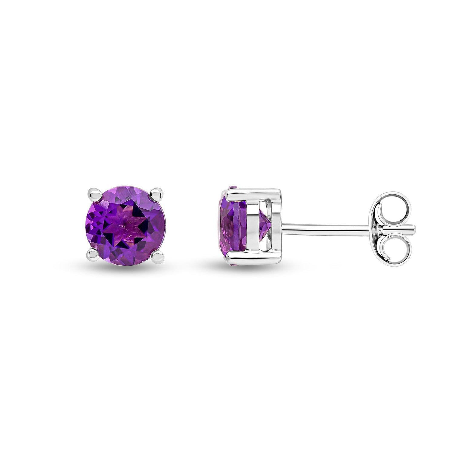 9ct White Gold Round Natural Amethyst Claw Stud Earrings — 6mm