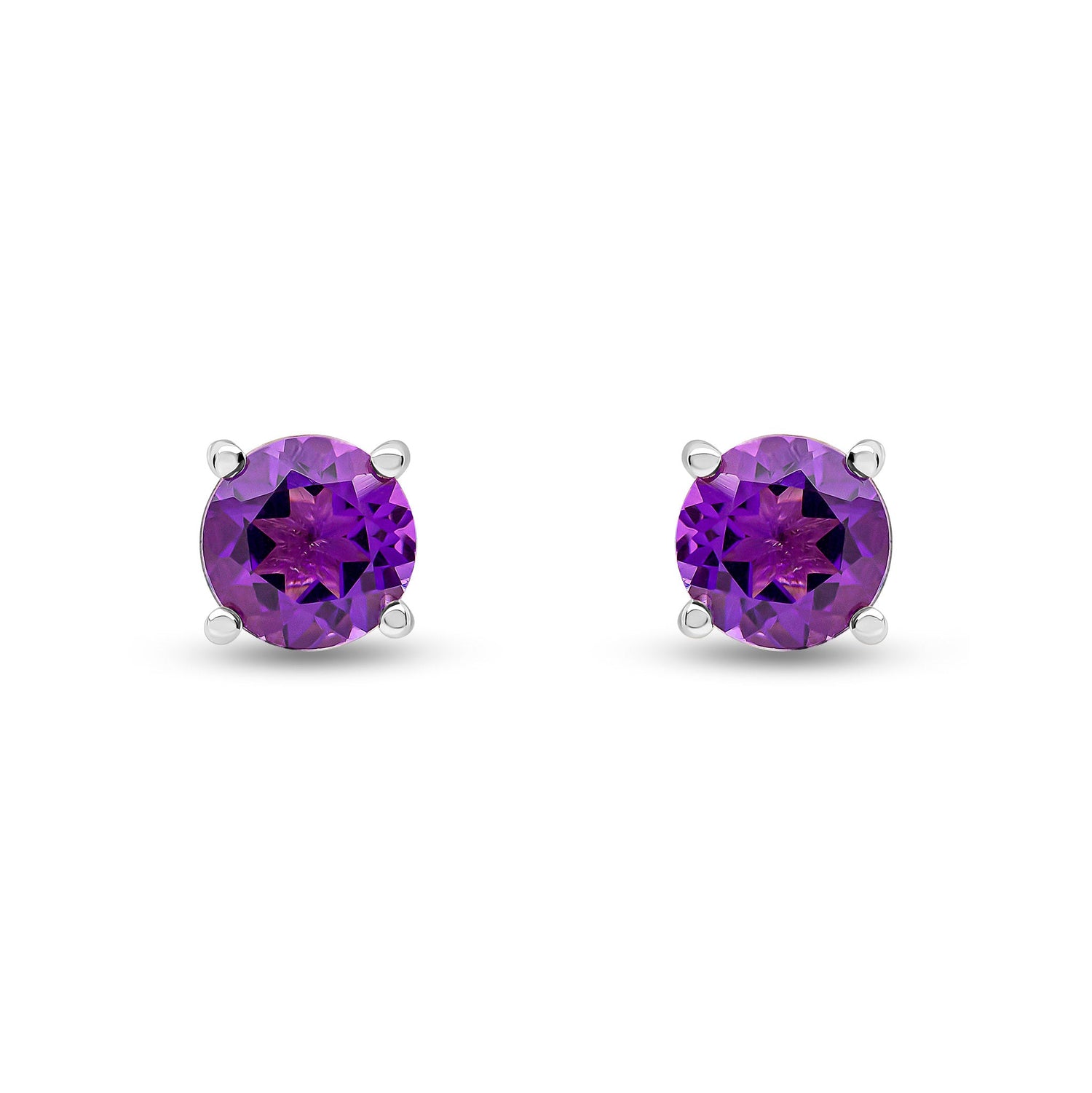 9ct White Gold Round Natural Amethyst Claw Stud Earrings — 6mm