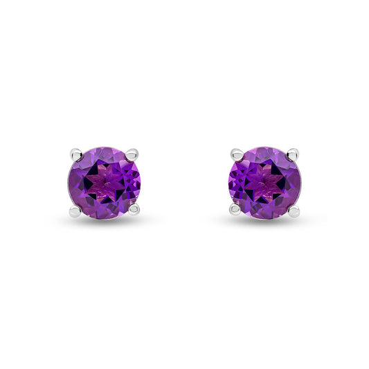 9ct White Gold Round Natural Amethyst Claw Stud Earrings — 6mm