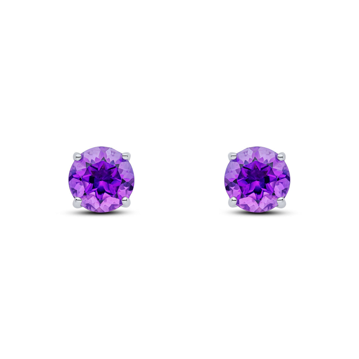 9ct White Gold Round Natural Amethyst Claw Stud Earrings — 7mm
