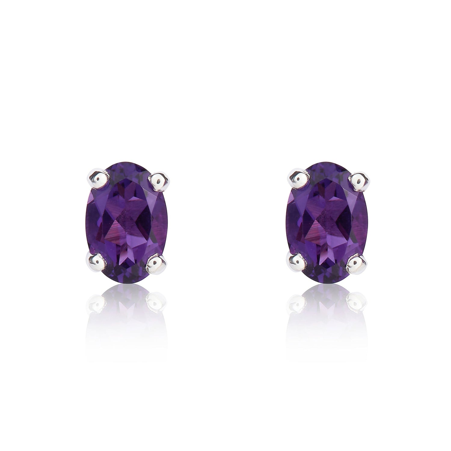 9ct White Gold Oval Natural Amethyst Claw Set Stud Earrings — 6x4mm
