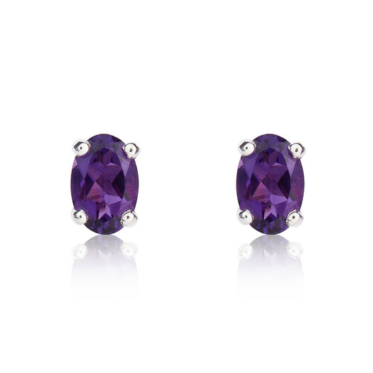 9ct White Gold Oval Natural Amethyst Claw Set Stud Earrings — 6x4mm