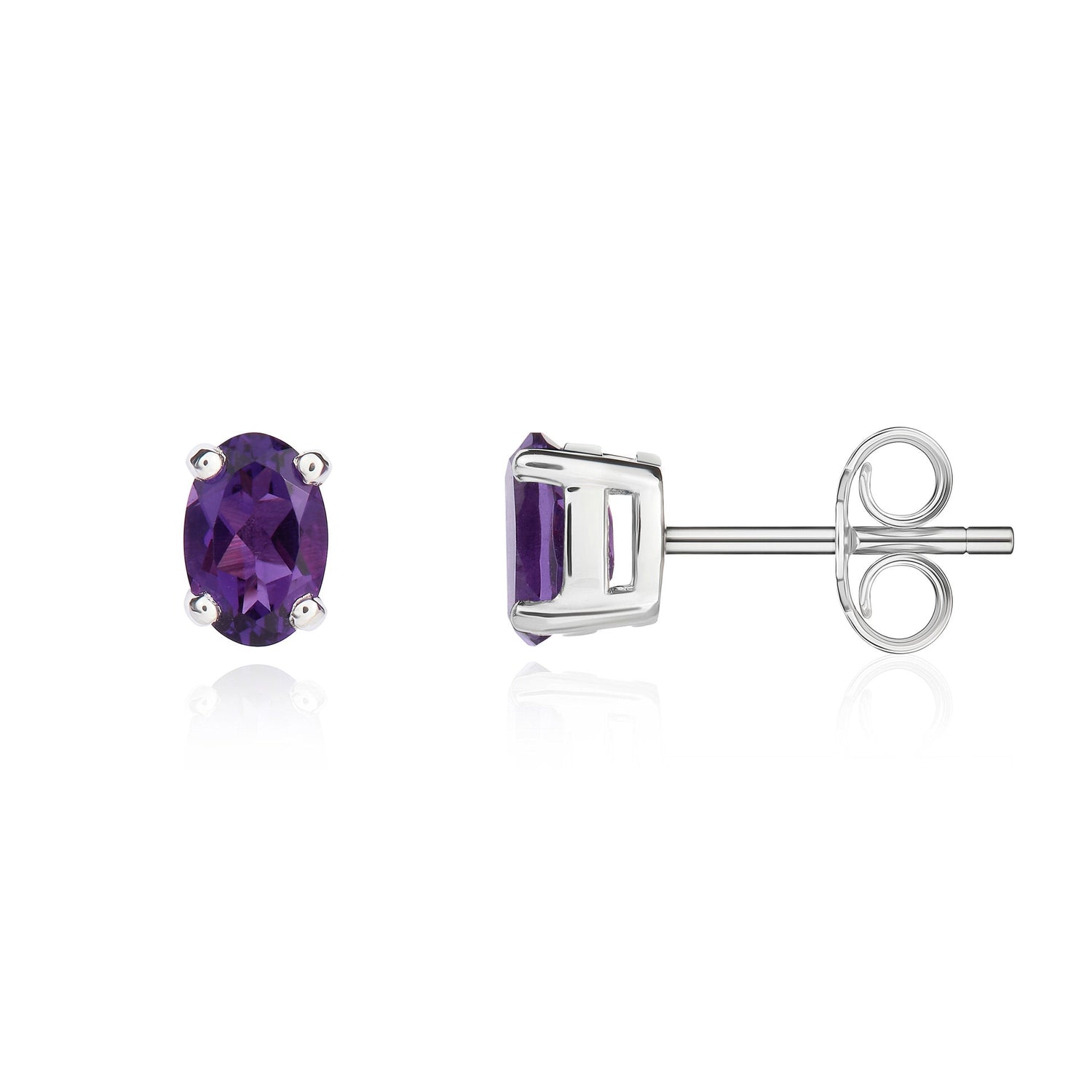 9ct White Gold Oval Natural Amethyst Claw Set Stud Earrings — 6x4mm