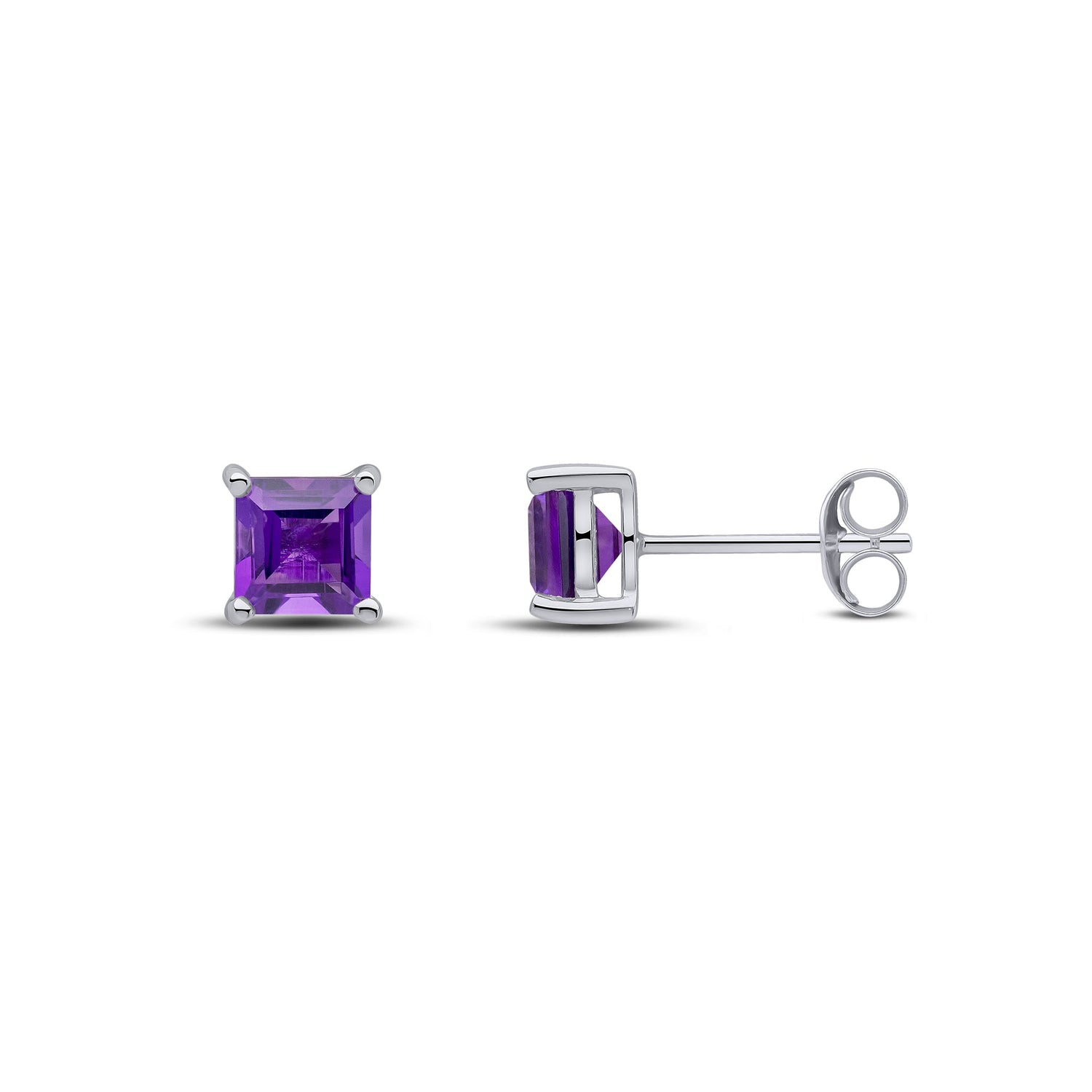 9ct White Gold Square Natural Amethyst Claw Stud Earrings — 5mm