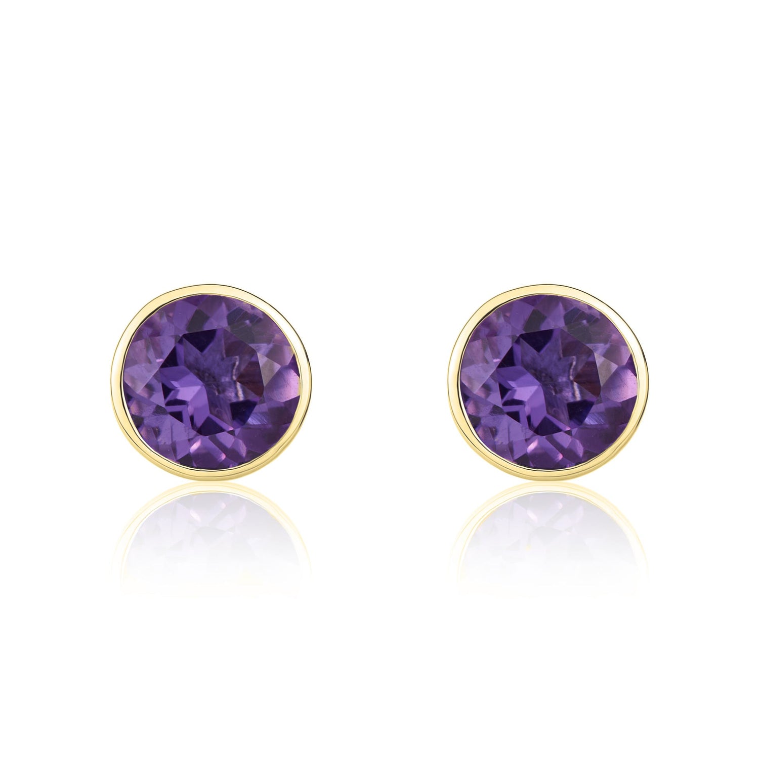 9ct Yellow Gold Round Amethyst Rubover Stud Earrings — 5mm