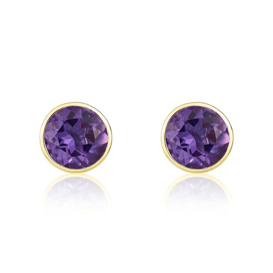 9ct Yellow Gold Round Natural Amethyst Rubover Stud Earrings — 5mm
