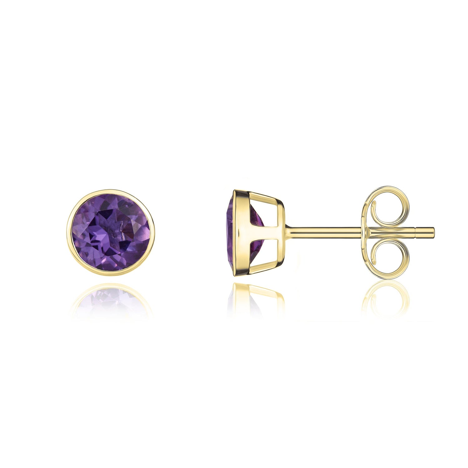 9ct Yellow Gold Round Amethyst Rubover Stud Earrings — 5mm