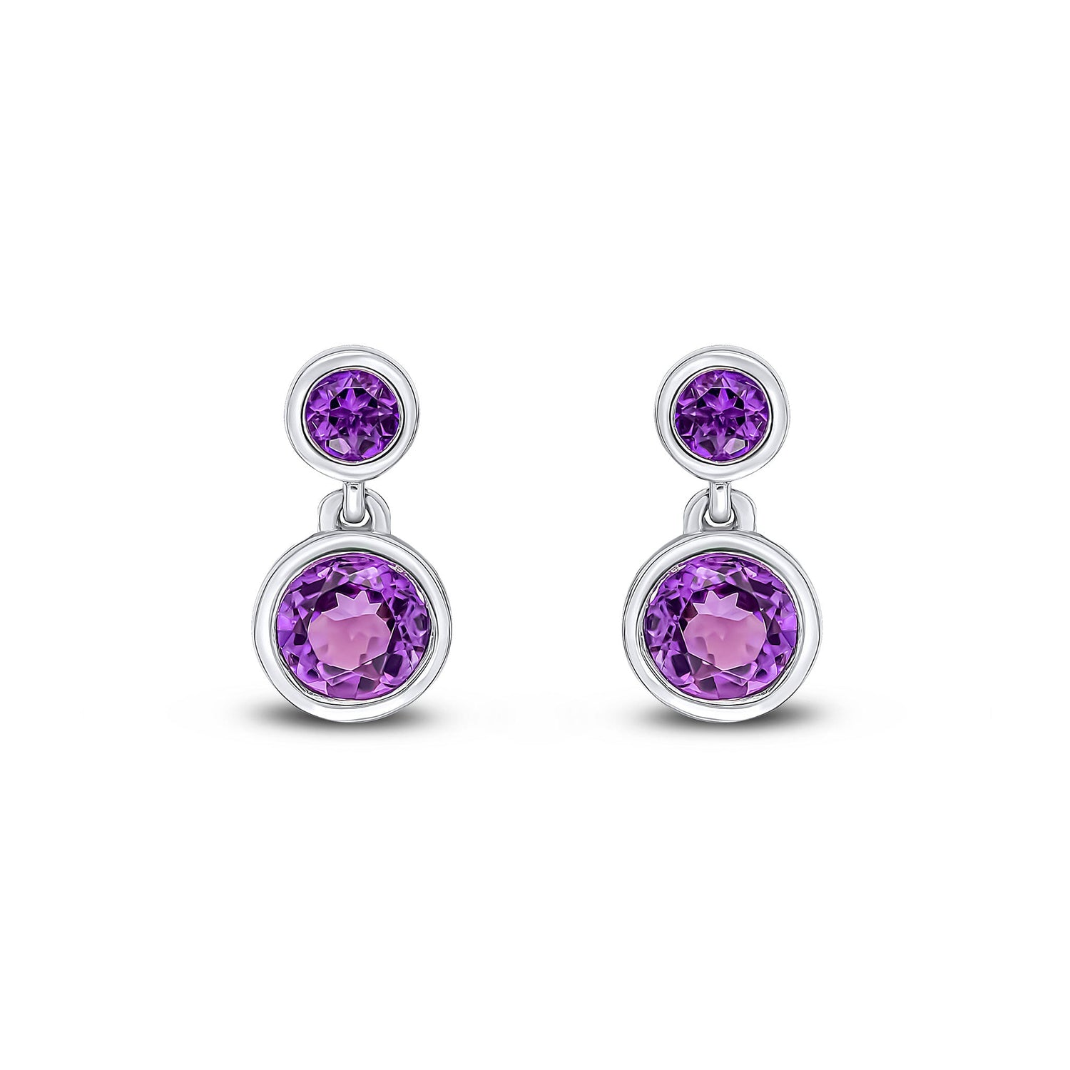 9ct White Gold Round Natural Amethyst Double Stone Rubover Drop Earrings