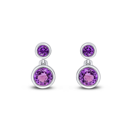 9ct White Gold Round Natural Amethyst Double Stone Rubover Drop Earrings