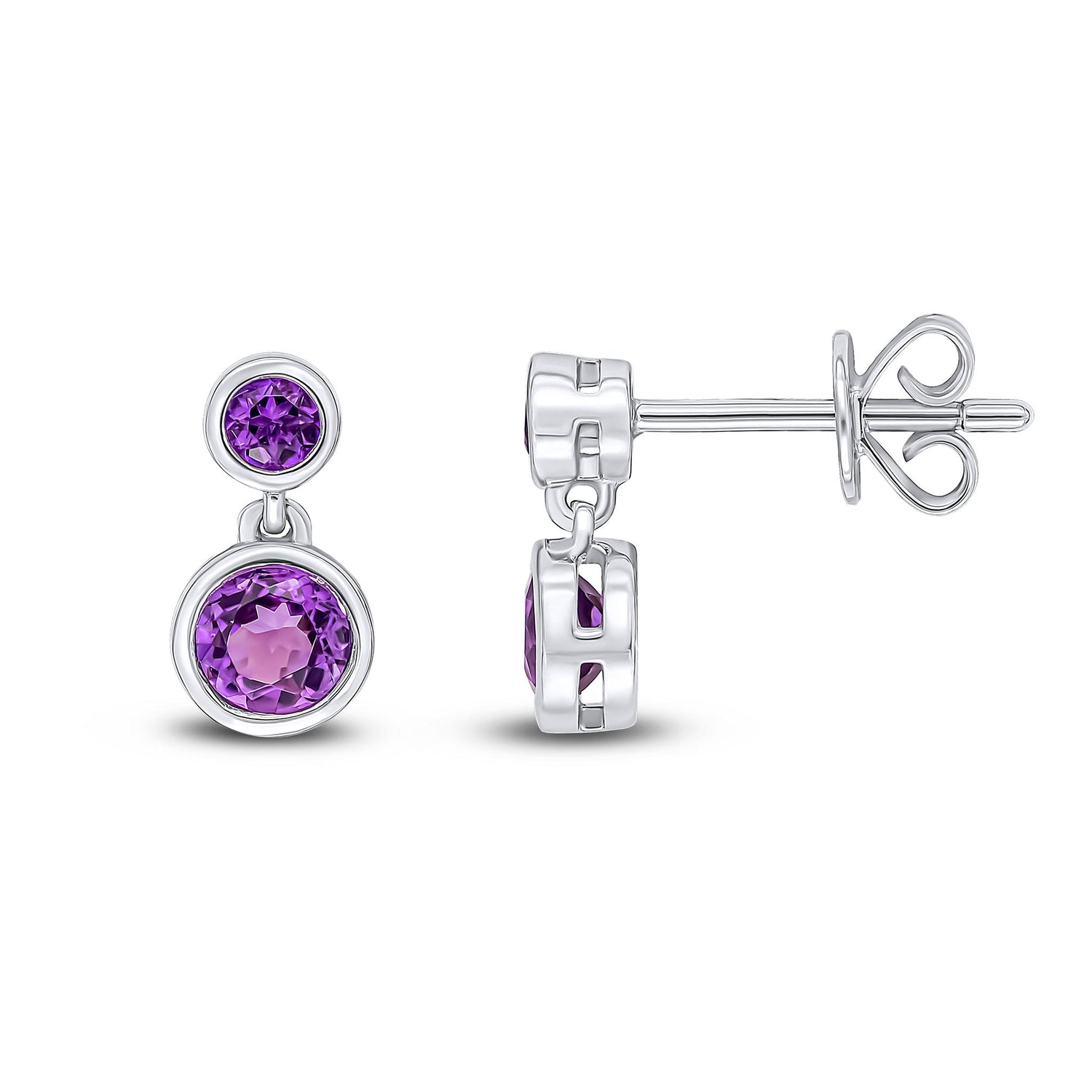 9ct White Gold Round Natural Amethyst Double Stone Rubover Drop Earrings