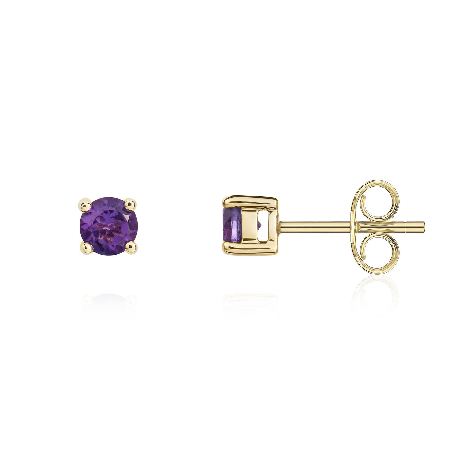 9ct Yellow Gold Round Natural Amethyst Claw Stud Earrings — 4mm