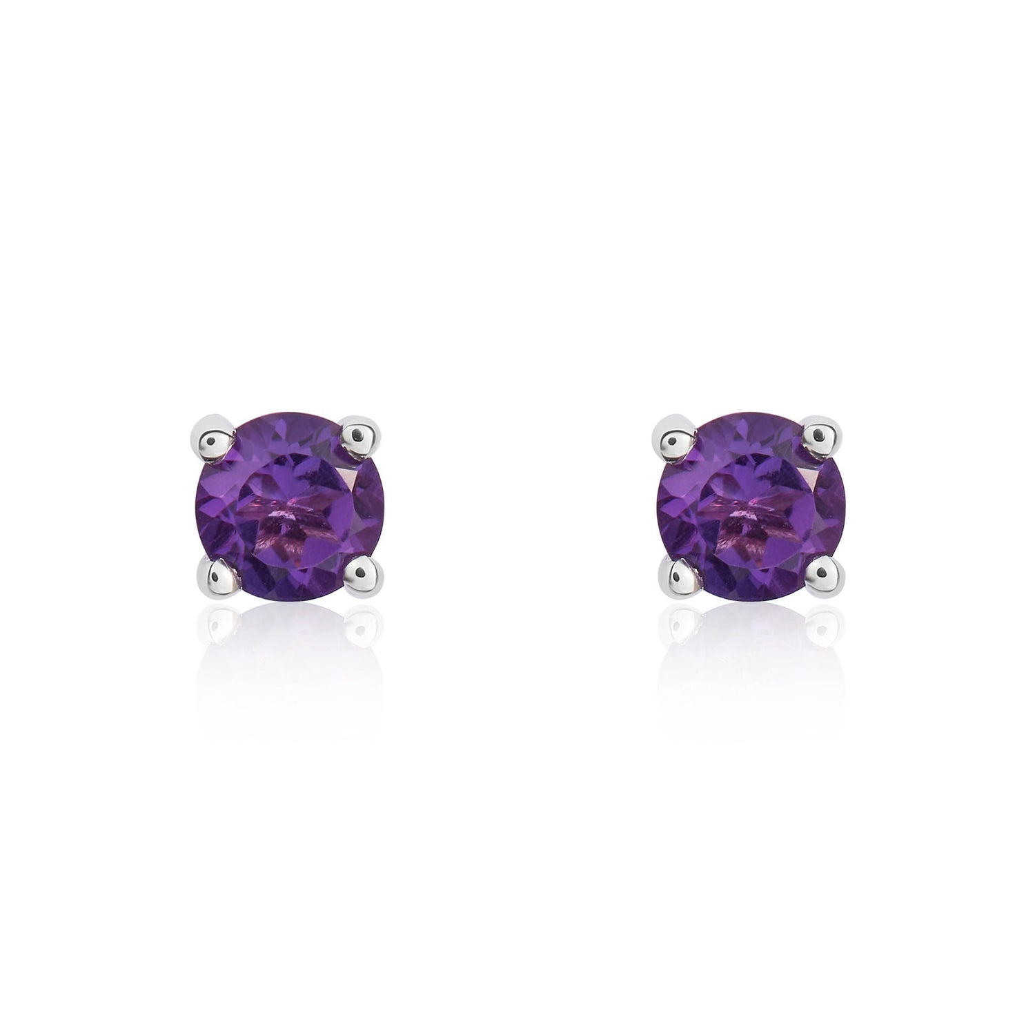 9ct White Gold Round Natural Amethyst Claw Set Stud Earrings — 4mm