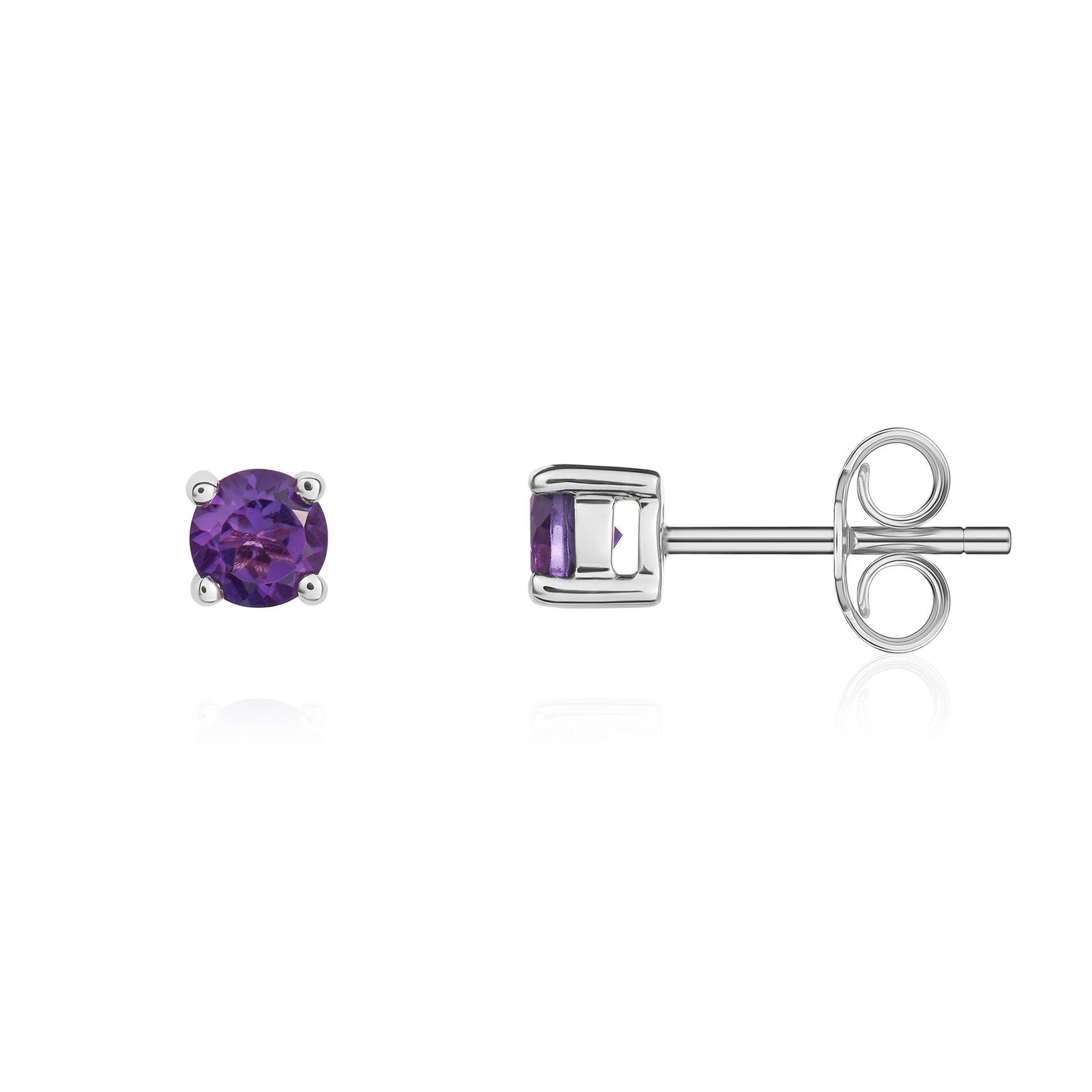 9ct White Gold Round Natural Amethyst Claw Set Stud Earrings — 4mm
