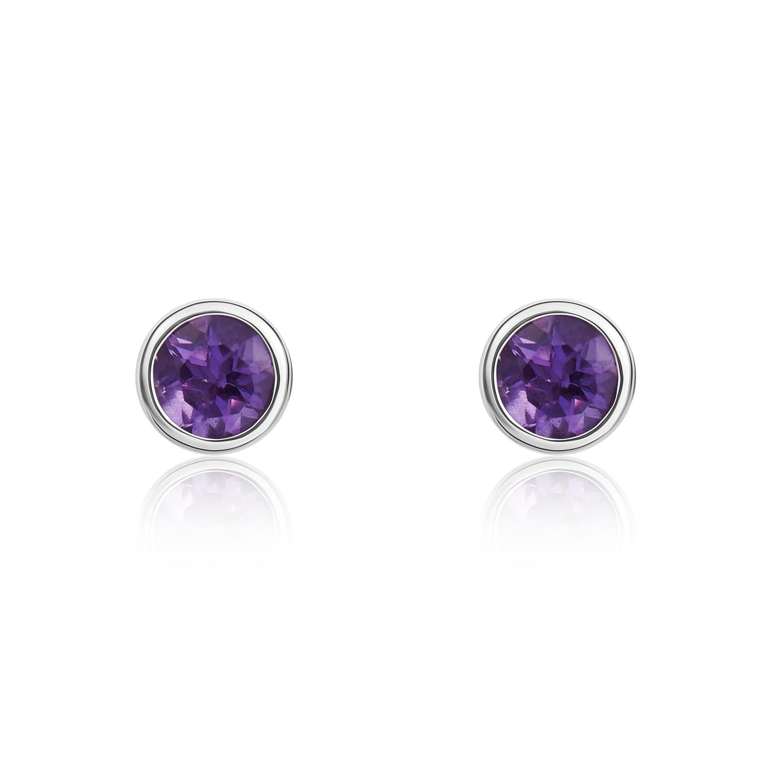 9ct White Gold Round Natural Amethyst Rubover Stud Earrings — 3mm