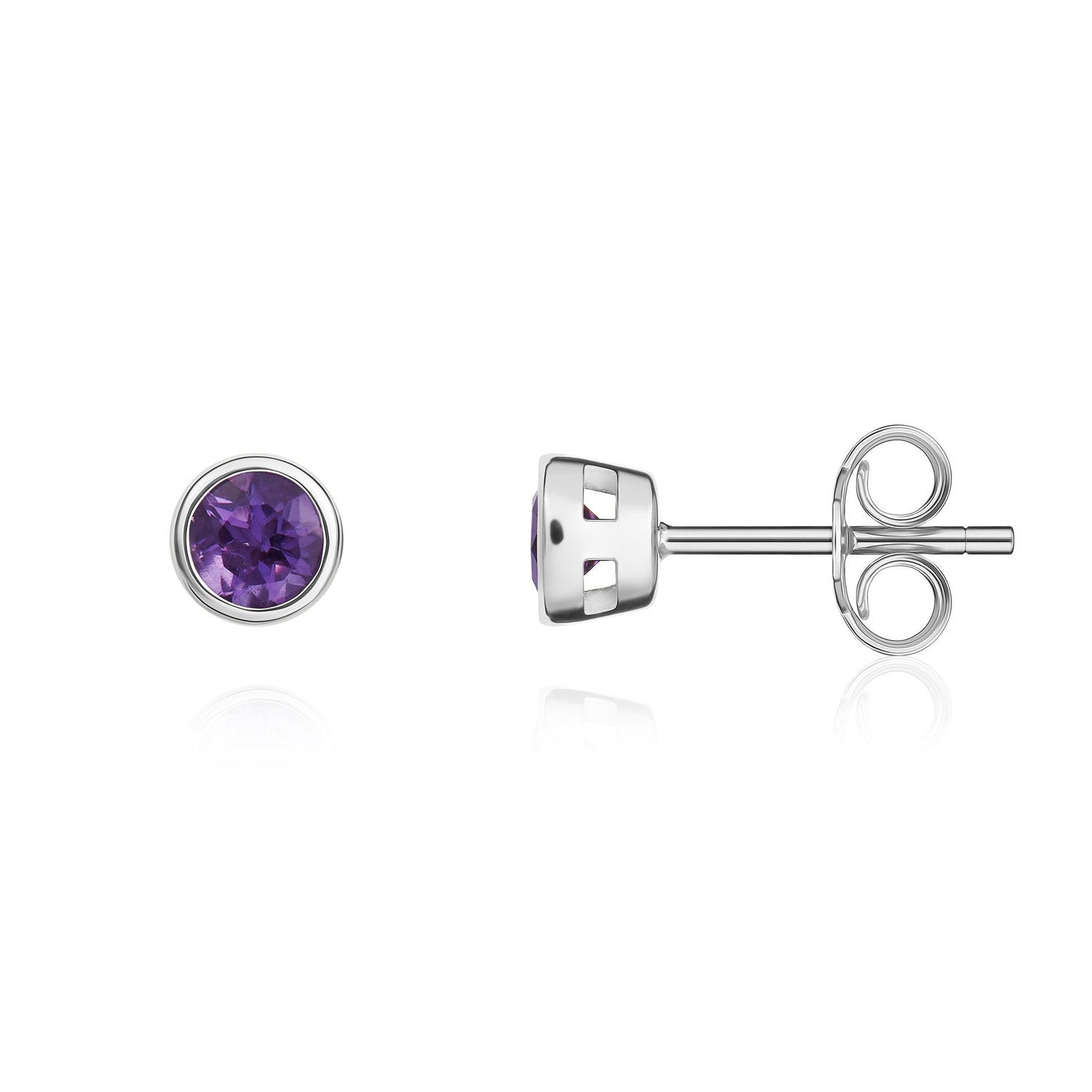 9ct White Gold Round Natural Amethyst Rubover Stud Earrings — 3mm