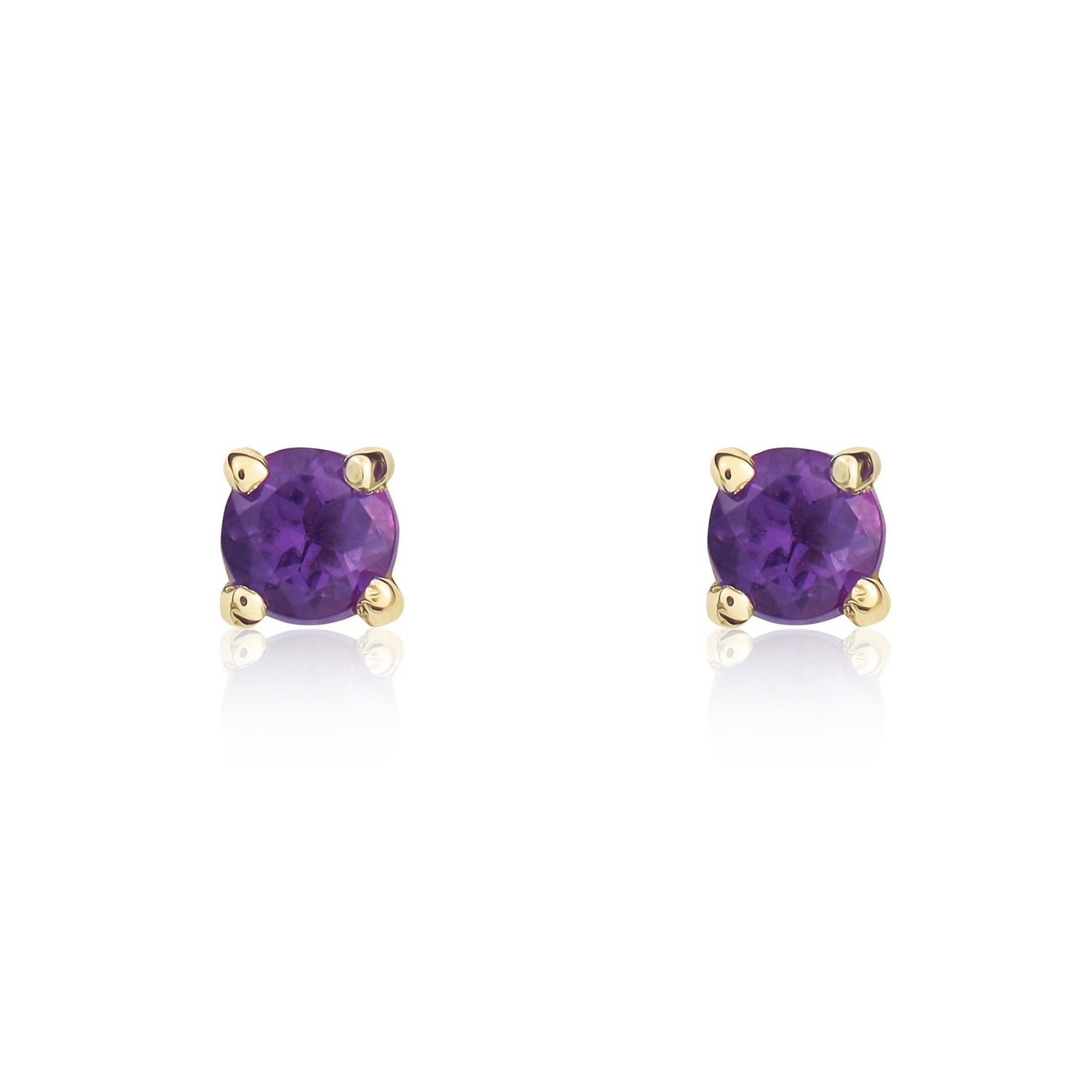 9ct Yellow Gold Round Amethyst Claw Set Stud Earrings — 3mm