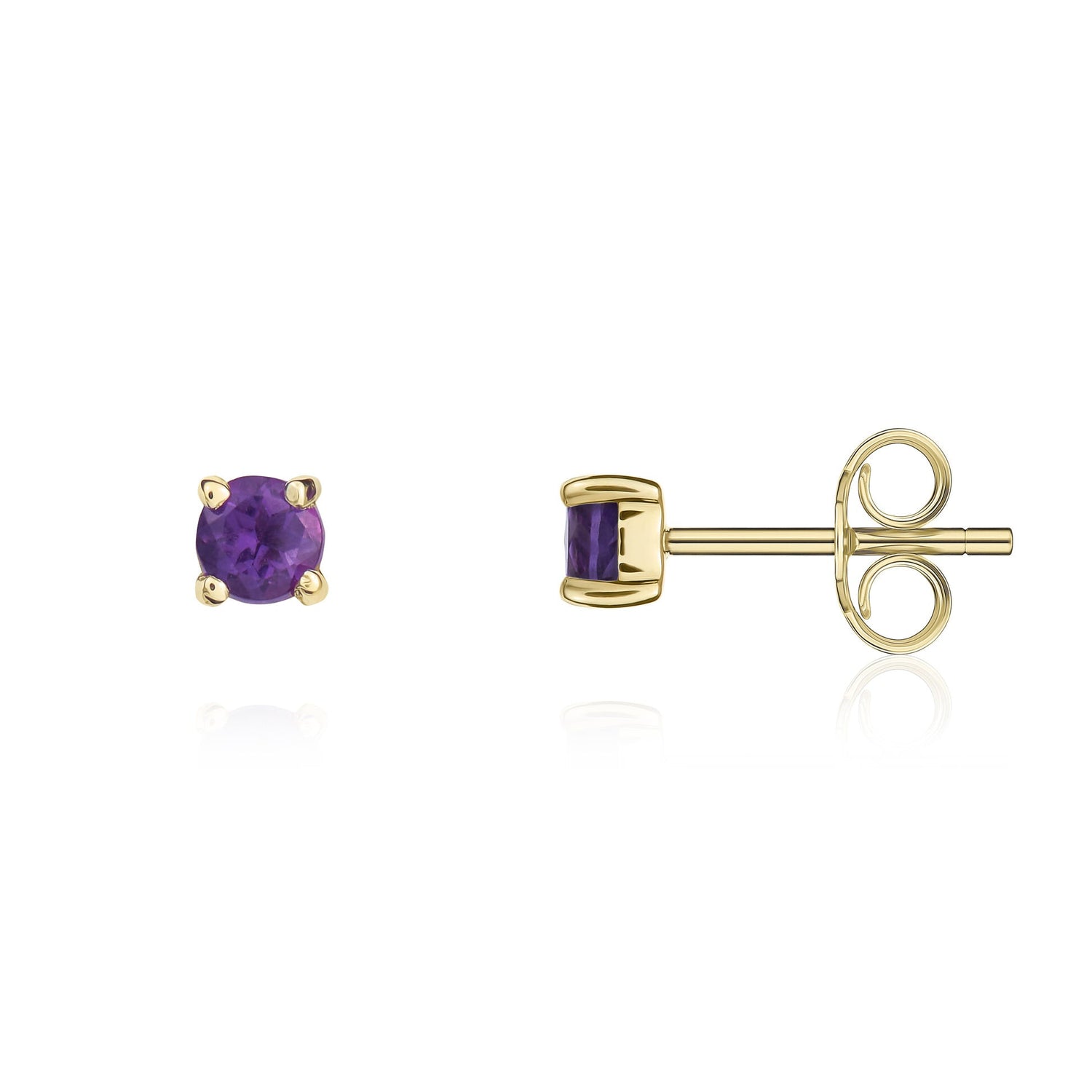 9ct Yellow Gold Round Amethyst Claw Set Stud Earrings — 3mm
