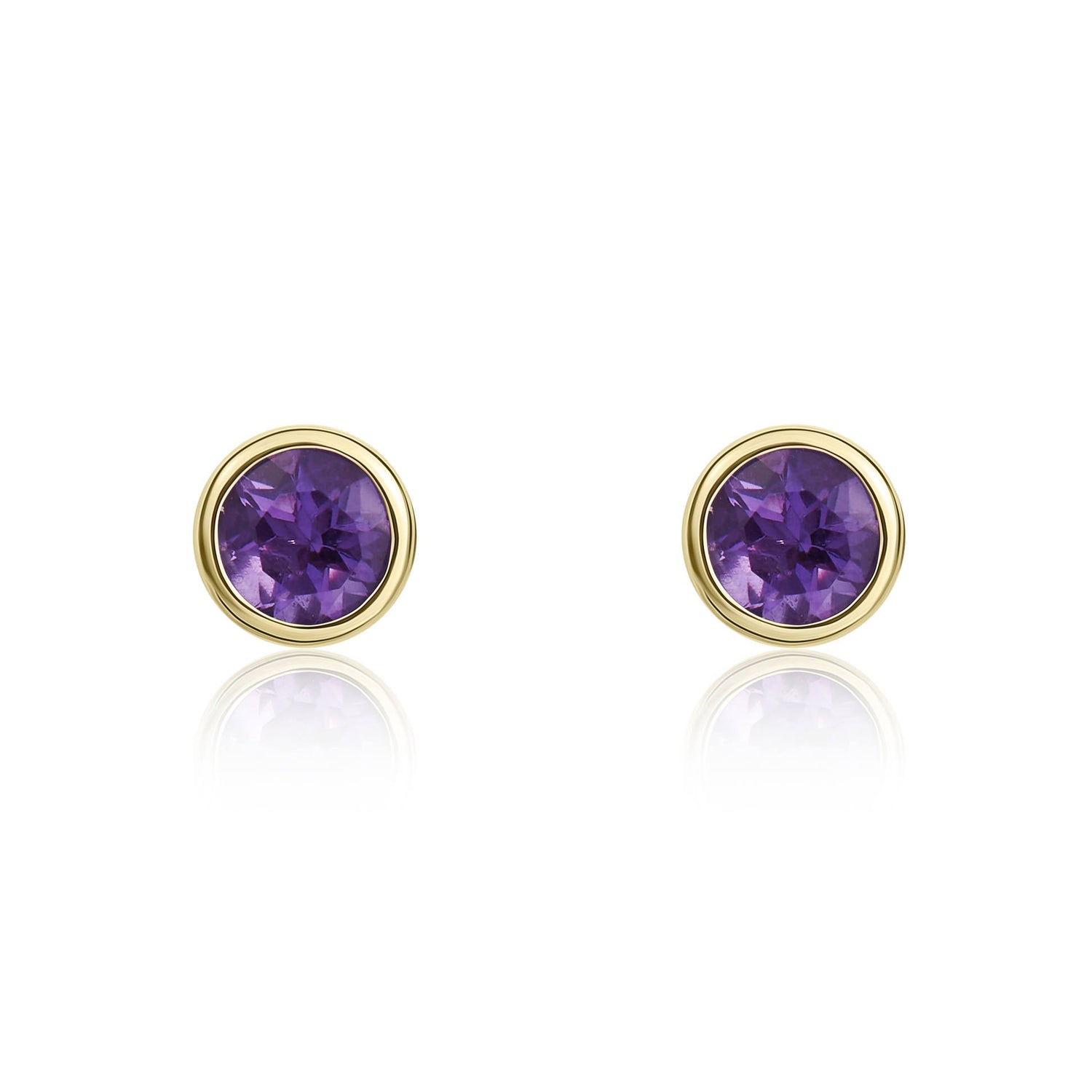 9ct Yellow Gold Round Natural Amethyst Rubover Stud Earrings — 3mm