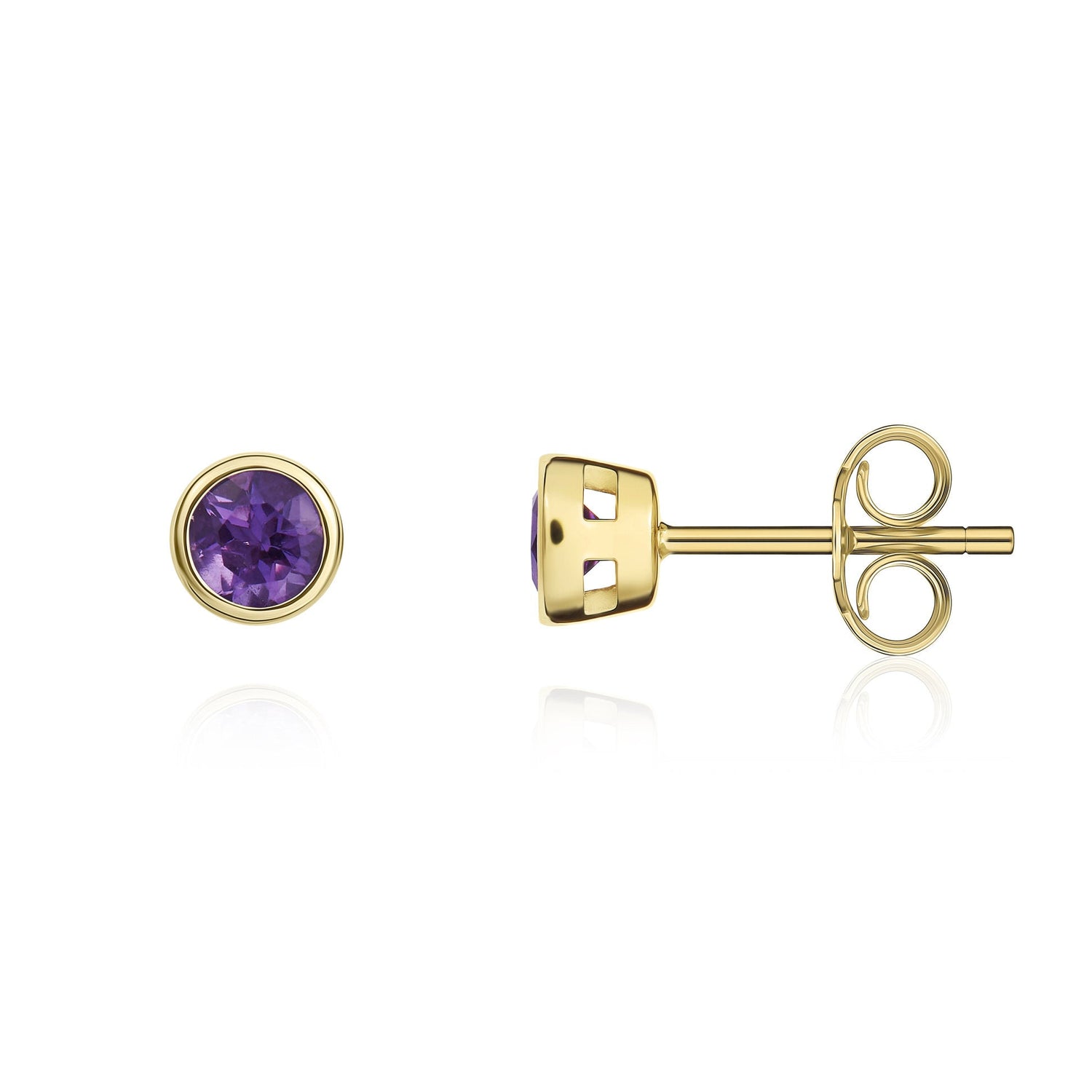 9ct Yellow Gold Round Natural Amethyst Rubover Stud Earrings — 3mm